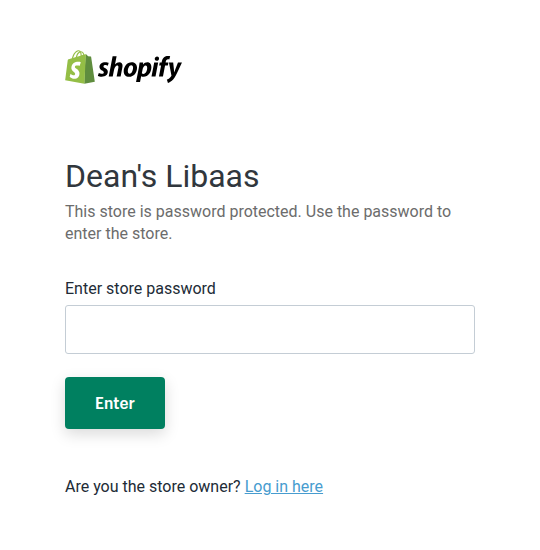 Screenshot of the Shopify password-protected landing page for the Dean's Libaas development store